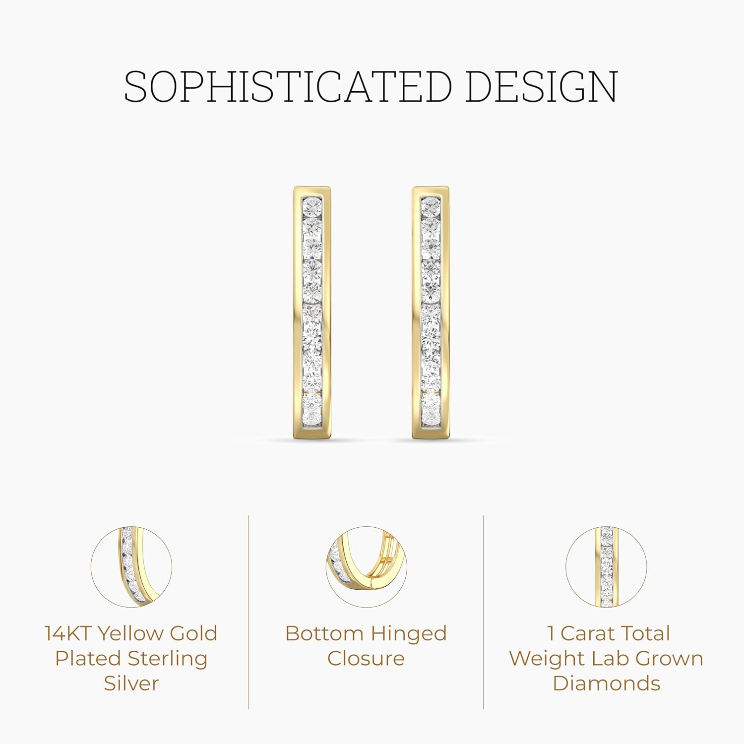 Gilded Lab-Grown Diamond Channel Set Hoop Earrings for Women in 925 Sterling Silver and 14KT Yellow Gold Plated Silver | Hypoallergenic Fine Jewelry | Hinged Closure | SI1 Clarity