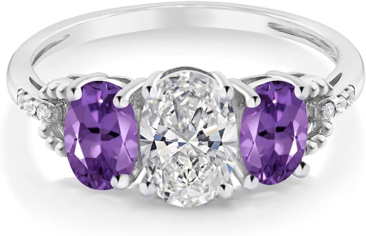 Gem Stone King 10K White Gold Lab Grown Diamond and Purple Amethyst 3-Stone Engagement Ring | 1.62 Cttw | Center Oval Diamond 0.70 Ct | DEF Color | VVS-VS Clarity