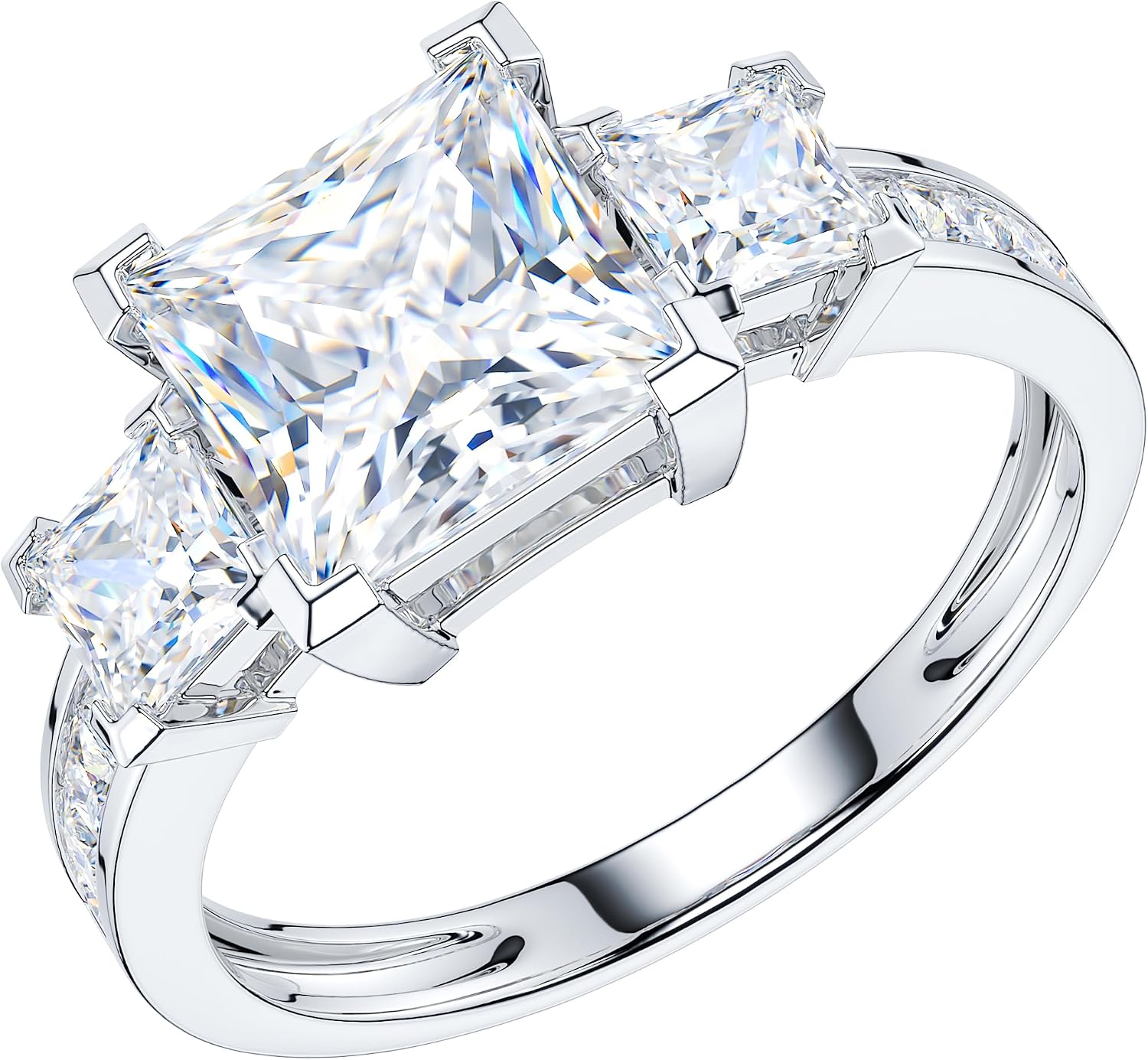 THELANDA 14k White Gold All Princess Cut Genuine Moissanite or Simulated Diamond Three Stones Engagement Ring 2CT Main Stone 14k White Gold Simulated Diamond 7