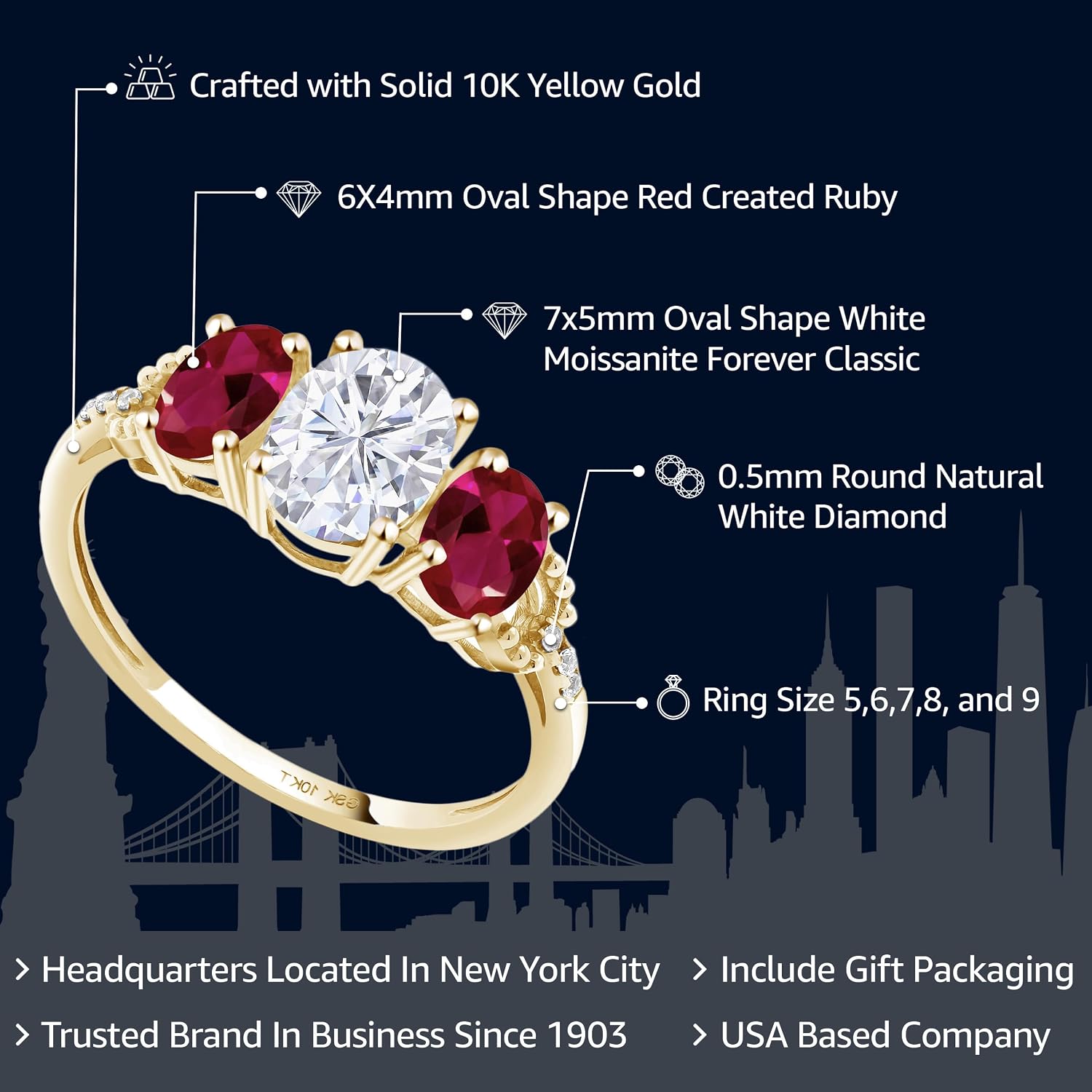 Gem Stone King 10K Yellow Gold Red Created Ruby White Moissanite and Diamond Accent 3-Ston